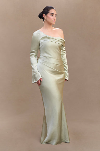 Iris Robe Maxi Satin à Manches Longues - Sauge