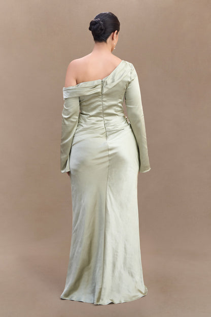 Iris Robe Maxi Satin à Manches Longues - Sauge