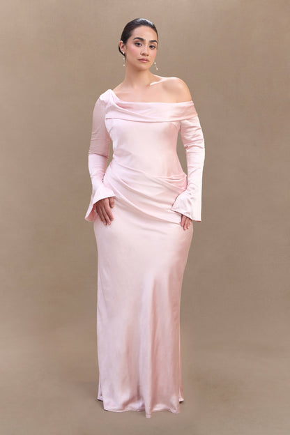 Iris Robe Maxi Satin à Manches Longues - Rose Poudré