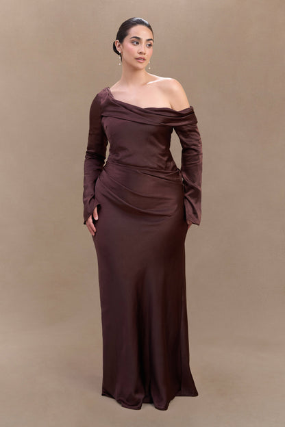 Iris Robe Maxi Satin à Manches Longues - Chocolat Noir