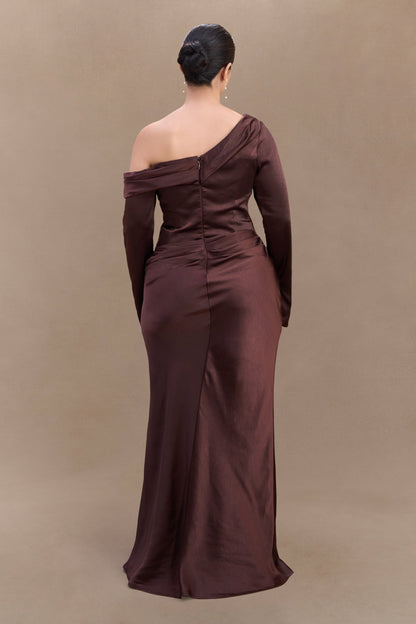 Iris Robe Maxi Satin à Manches Longues - Chocolat Noir