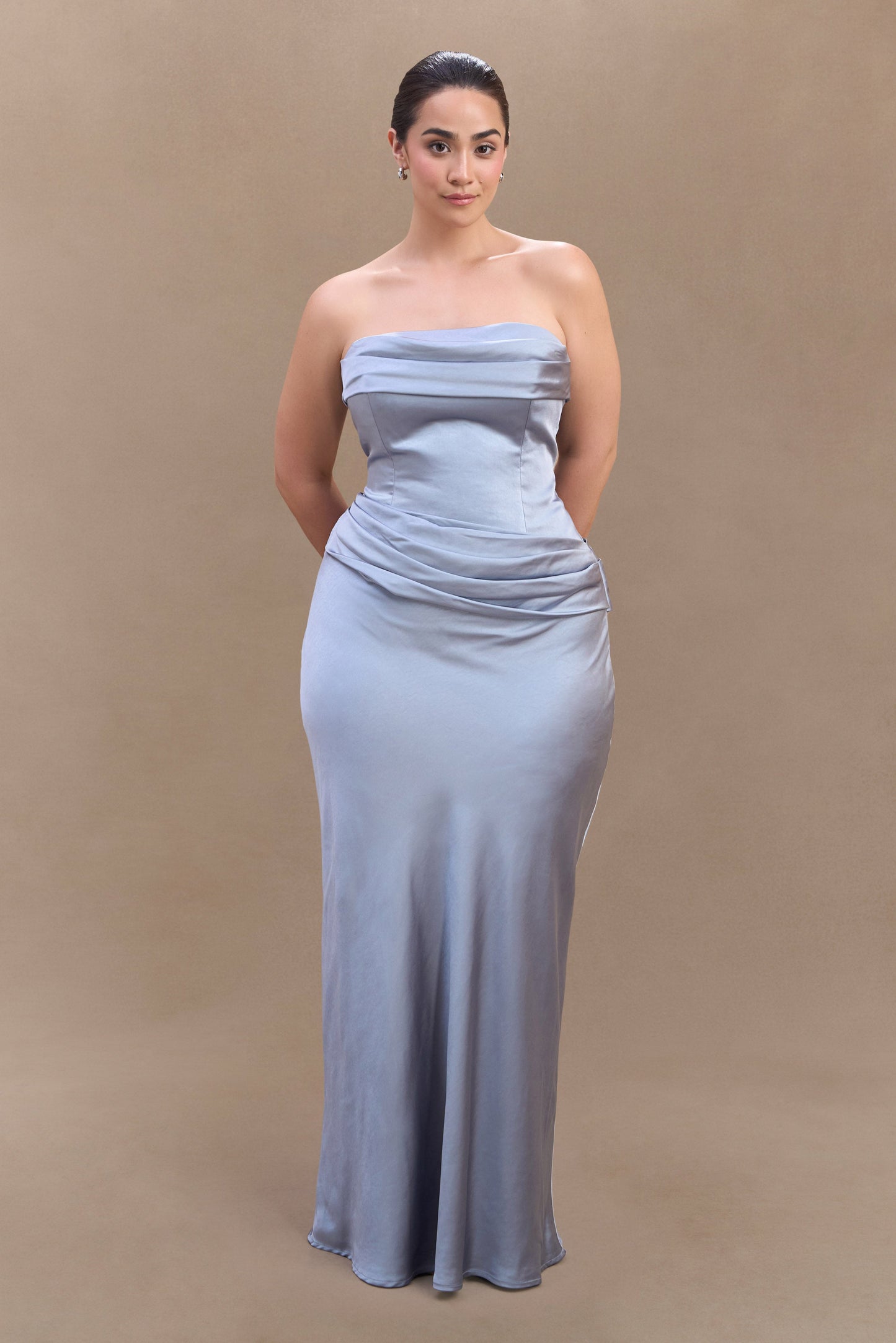 Jasmine Robe Maxi Satin Sans Bretelles - Bleu Glacé