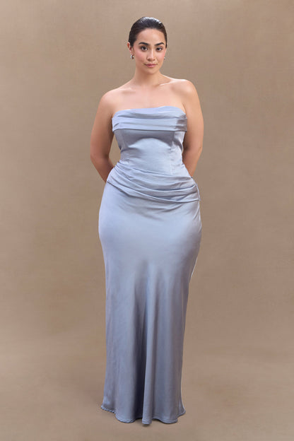 Jasmine Robe Maxi Satin Sans Bretelles - Bleu Glacé
