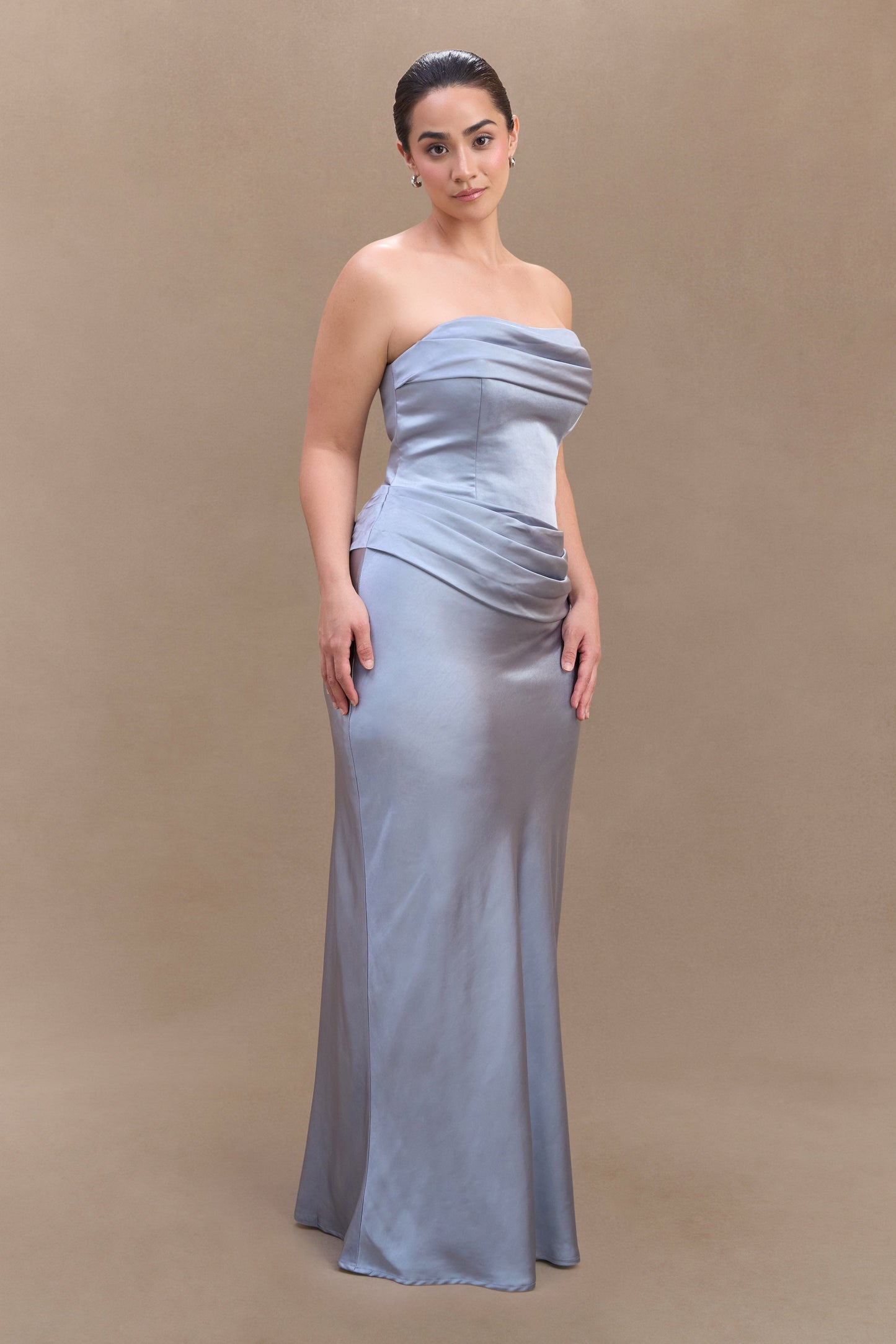 Jasmine Robe Maxi Satin Sans Bretelles - Bleu Glacé