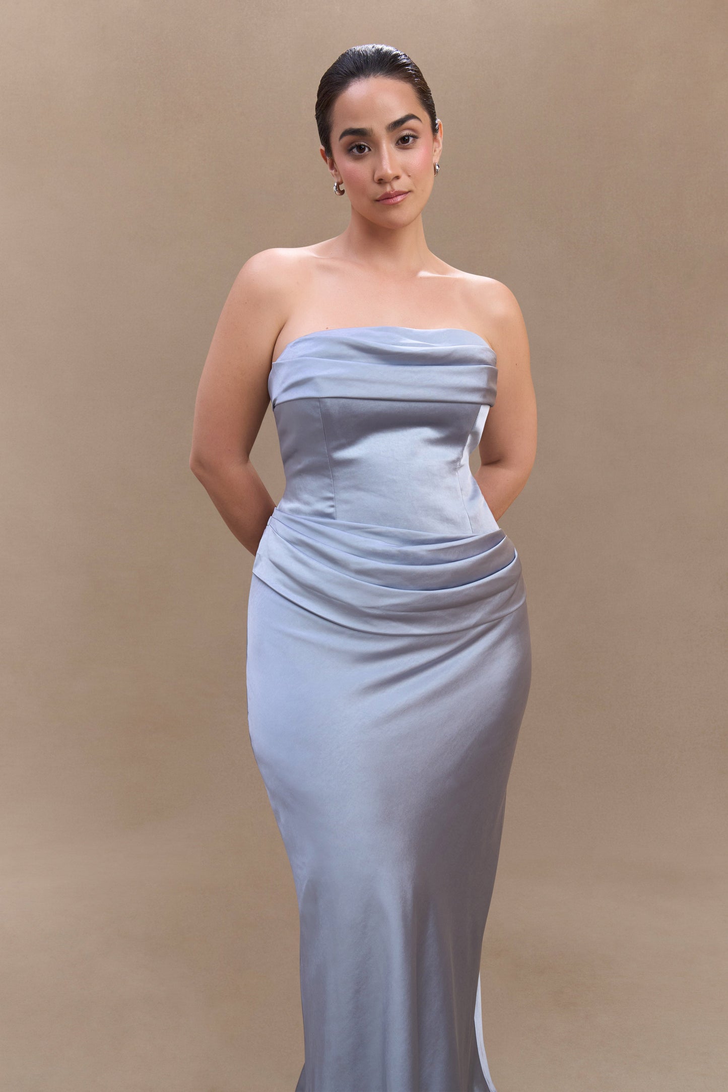 Jasmine Robe Maxi Satin Sans Bretelles - Bleu Glacé