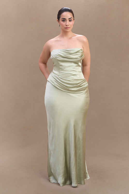 Jasmine Robe Maxi Satin Sans Bretelles - SAGE