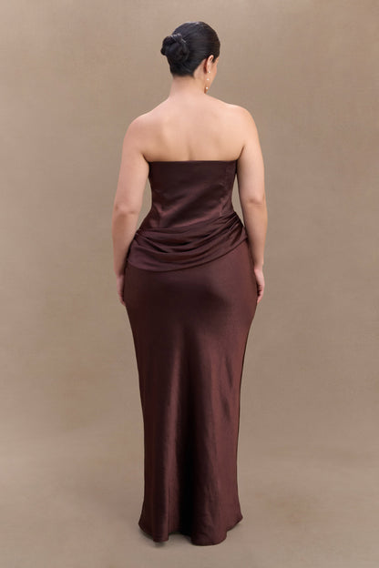 Jasmine Robe Maxi en Satin Sans Bretelles - Chocolat Noir