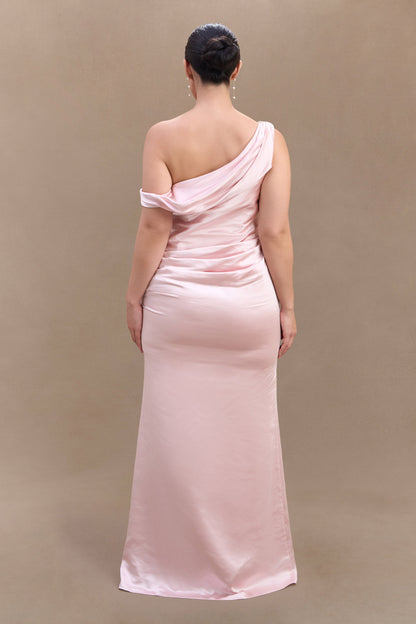 Robe Maxi en Satin Dalia à Manches Décolletées - Rose Poudré