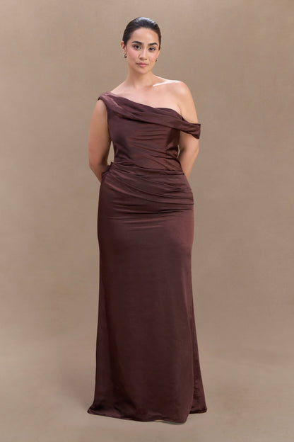 Robe Maxi en Satin Dalia à Manches Décolletées - Chocolat Noir