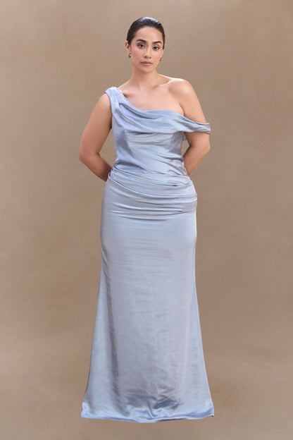 Robe Maxi en Satin Dalia à Manches Décolletées - Bleu Glacé