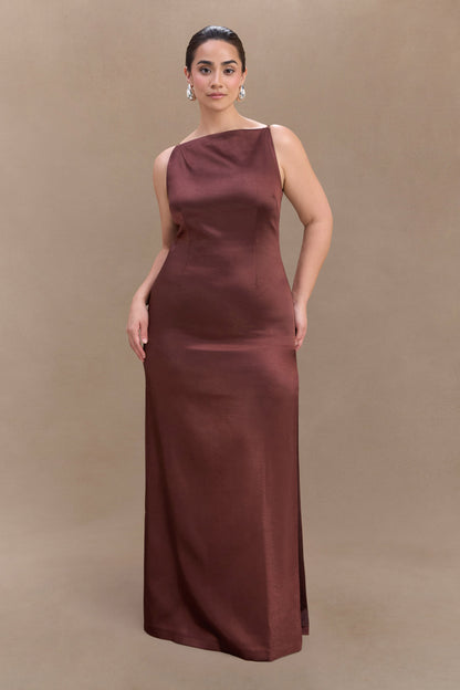 Violet Robe Maxi en Satin Sans Manches - Chocolat Noir