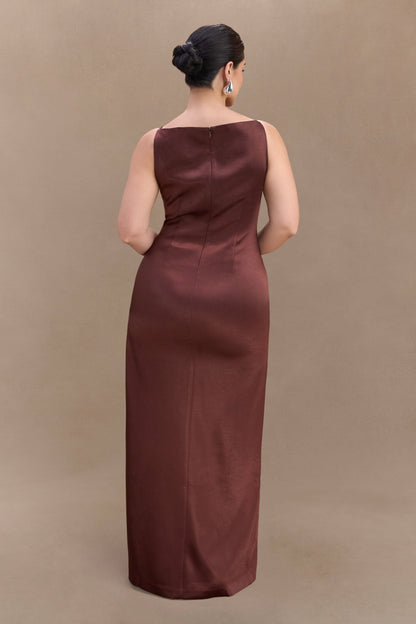 Violet Robe Maxi en Satin Sans Manches - Chocolat Noir