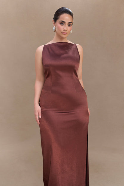 Violet Robe Maxi en Satin Sans Manches - Chocolat Noir