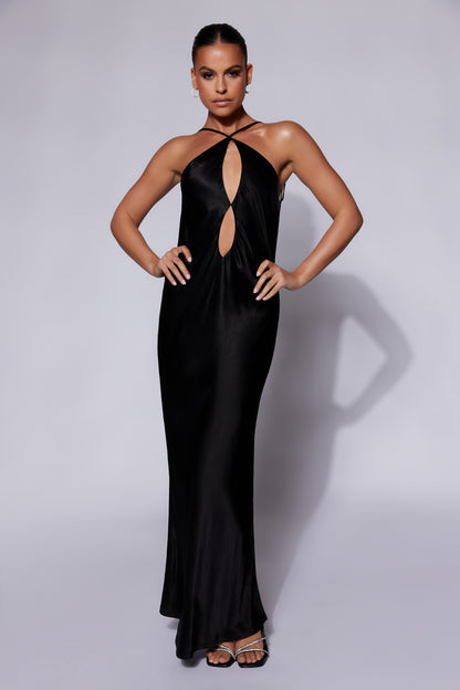 Robe Maxi en Satin à Découpes Lucia - Noire