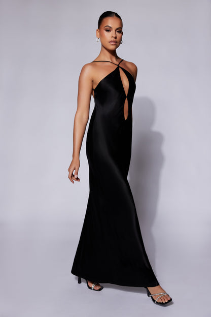 Robe Maxi en Satin à Découpes Lucia - Noire