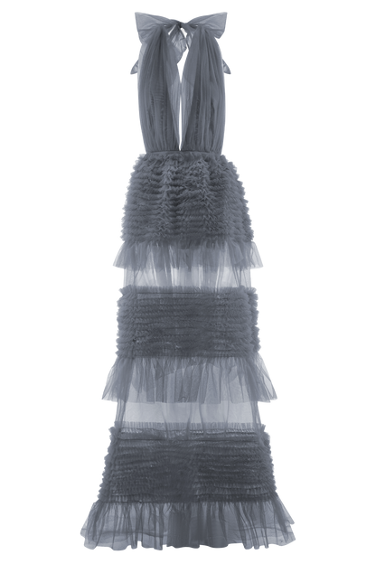 Minka Robe Maxi Halter à Volants en Maille - Bleu Cendré