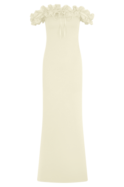 Robe Maxi Nova à Manches Frangées et Épaulettes - Ivoire