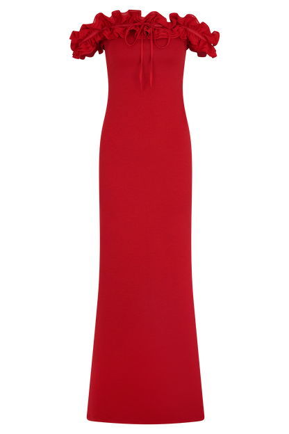Robe Maxi Nova à Volants et Épaulettes - Rubis