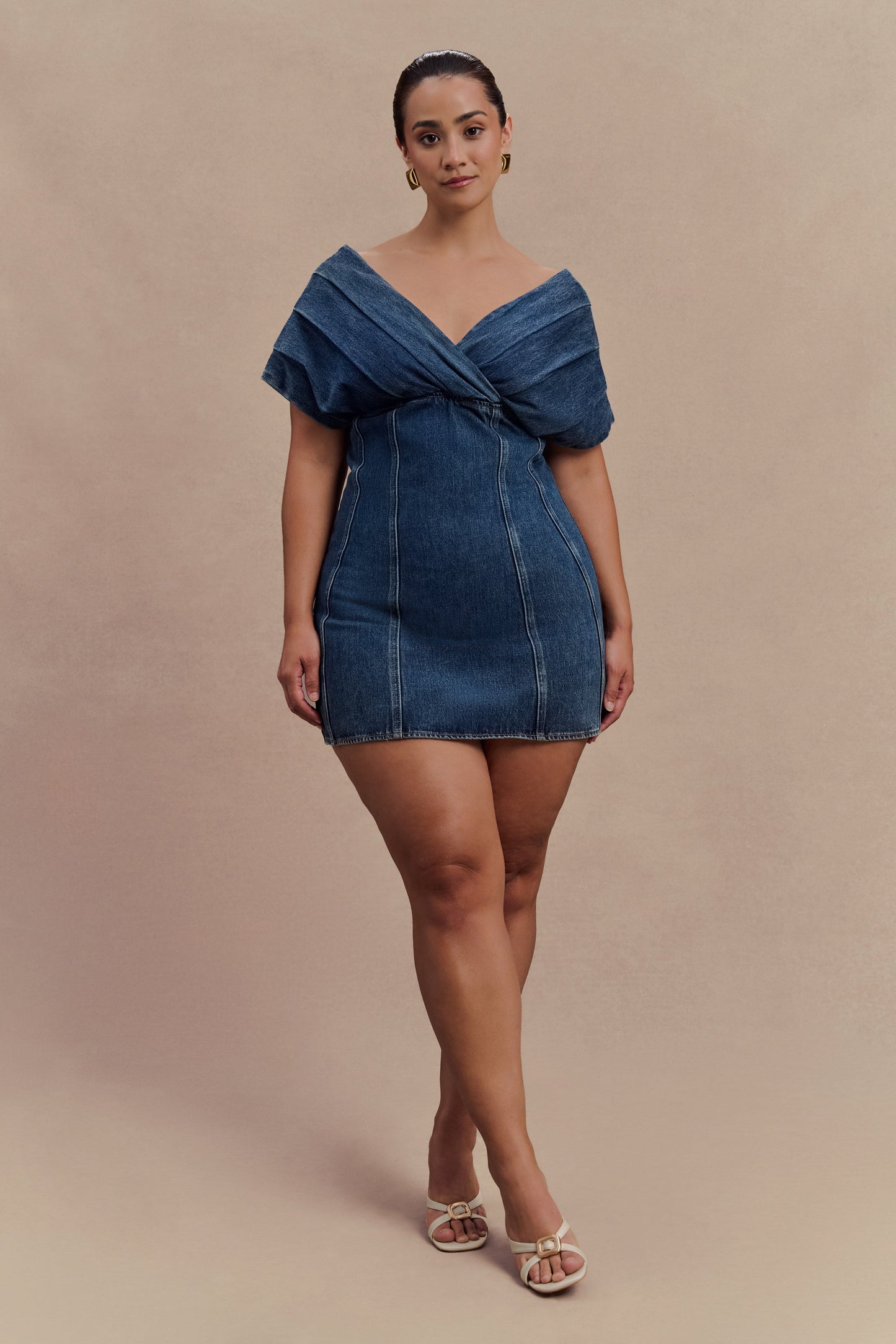 Mini-robe en jean à épaules dénudées Pascale - Bleu foncé délavé