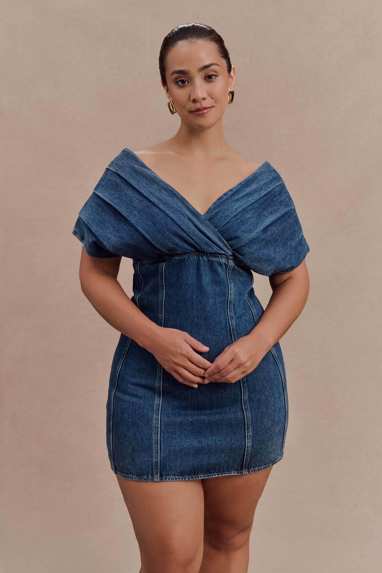 Mini-robe en jean à épaules dénudées Pascale - Bleu foncé délavé