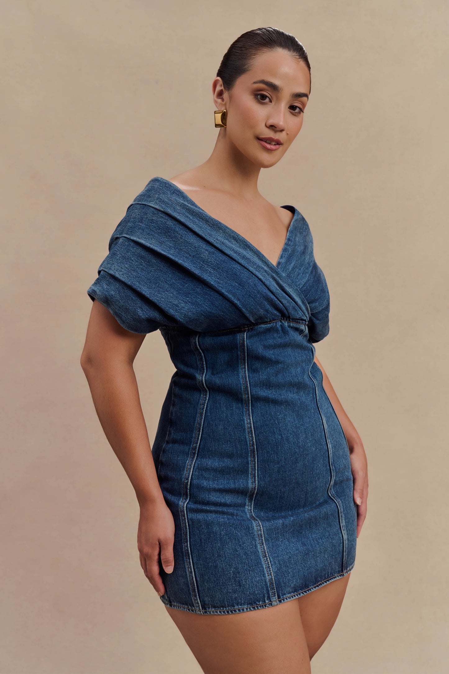 Mini-robe en jean à épaules dénudées Pascale - Bleu foncé délavé