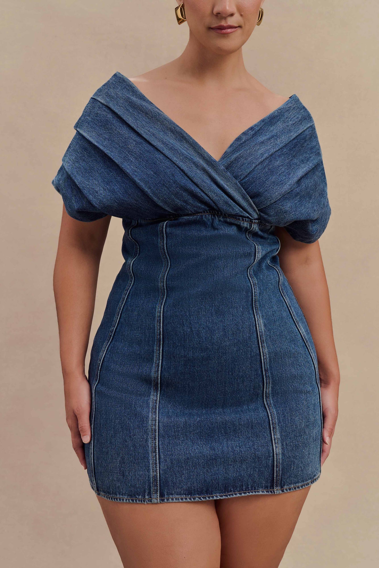 Mini-robe en jean à épaules dénudées Pascale - Bleu foncé délavé