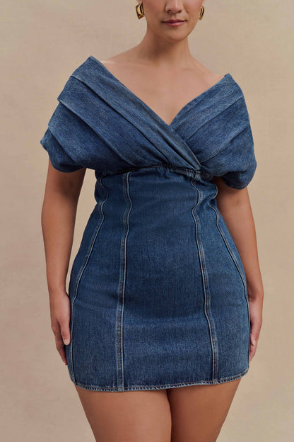 Mini-robe en jean à épaules dénudées Pascale - Bleu foncé délavé