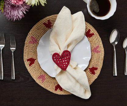 Set de table en raphia tissé à la main avec cœurs rouges et roses – Décoration de table artisanale