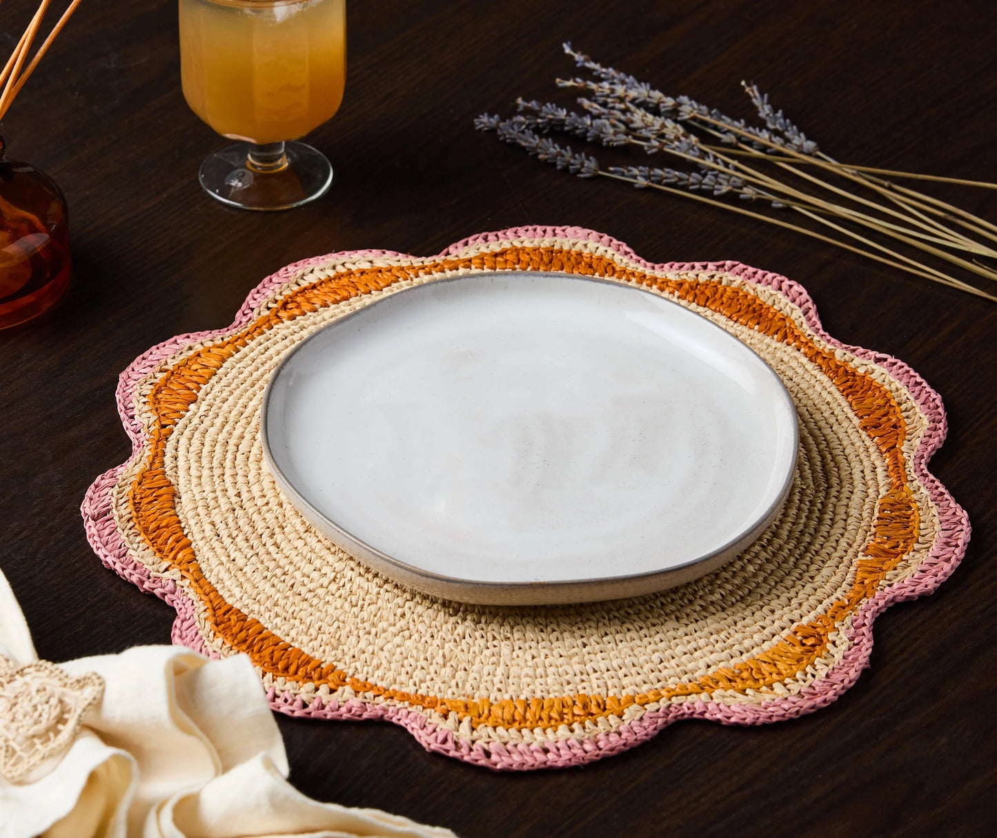 Set de table rond en raphia rose – 35,6 cm – Décoration de table pour fête de jardin et été