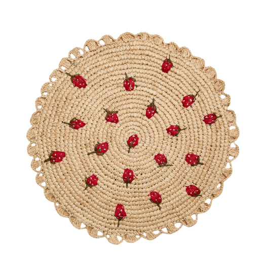 Set de table rond en raphia crocheté à la main avec motif fraise dispersée