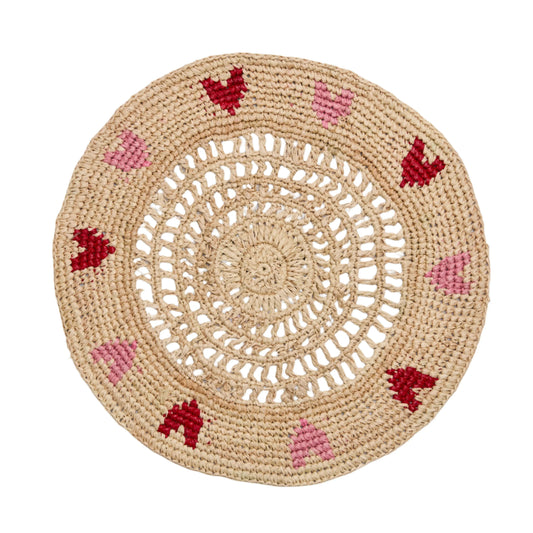 Set de table en raphia tissé à la main avec cœurs rouges et roses – Décoration de table artisanale