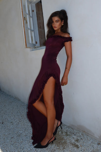 Robe midi à volants et épaules dénudées Arielle - Prune