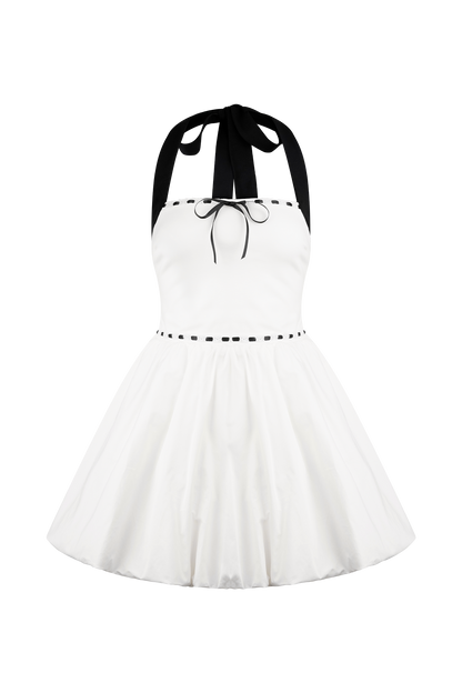Robe mini Queenie à col montant et manches bouffantes - Noir/Blanc