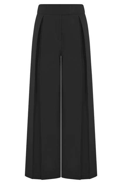 Pantalon en lin à jambes larges et taille mi-hauteur Raya - Noir