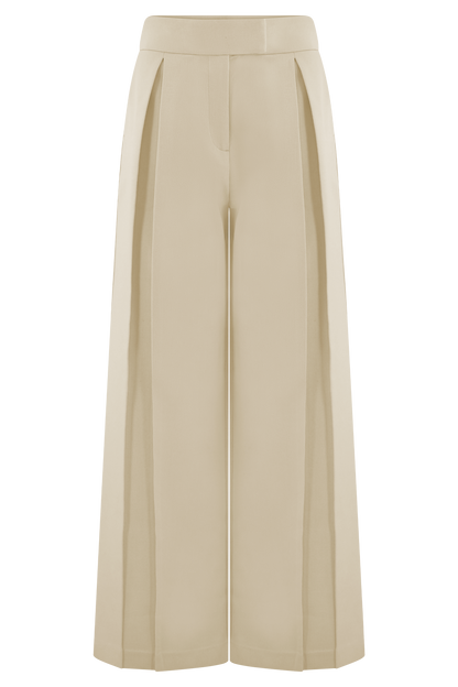 Pantalon en lin à jambes larges et taille mi-hauteur Raya - Beige naturel