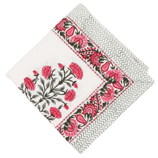 Nappe en coton Rose Garden blanche avec motif imprimé à la main rose et vert