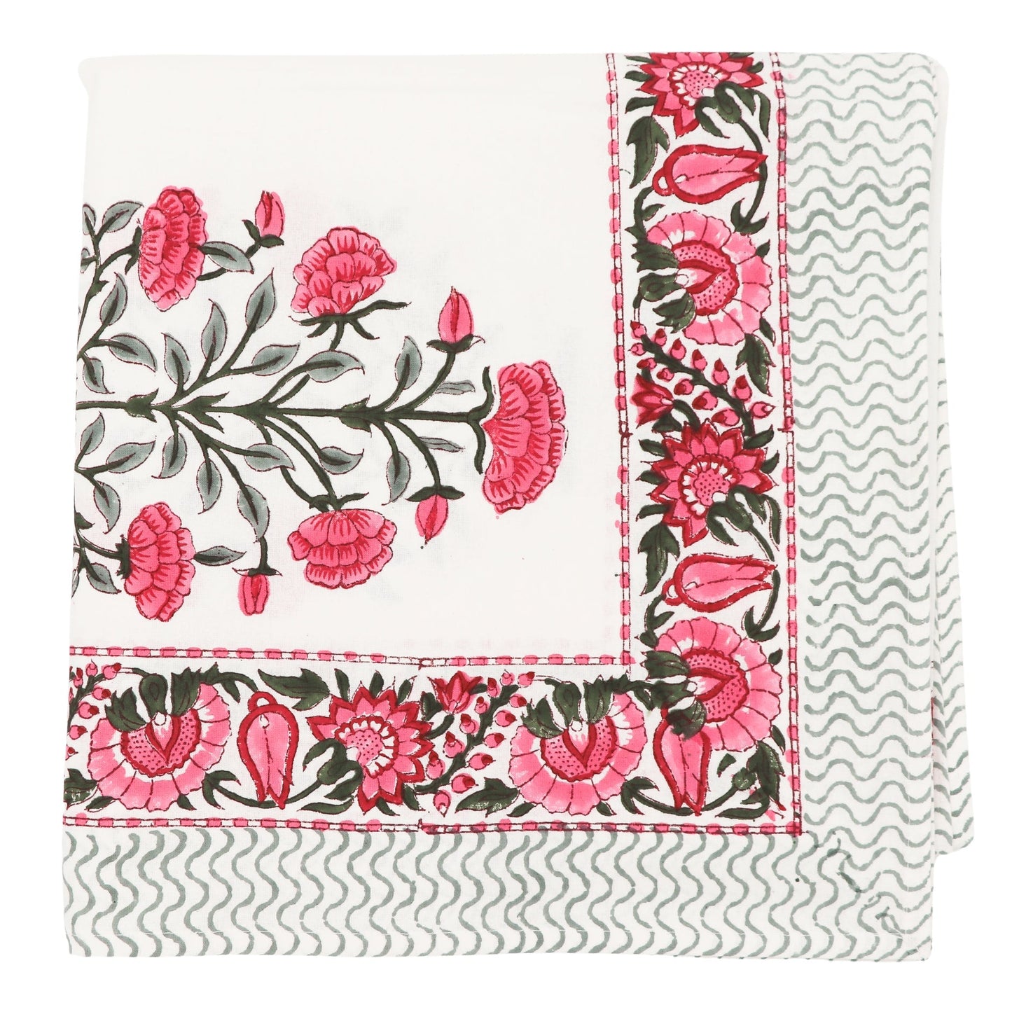 Nappe en coton Rose Garden blanche avec motif imprimé à la main rose et vert
