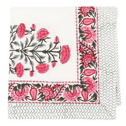 Nappe en coton Rose Garden blanche avec motif imprimé à la main rose et vert