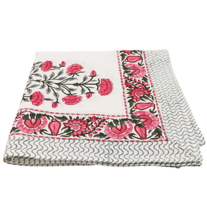 Nappe en coton Rose Garden blanche avec motif imprimé à la main rose et vert