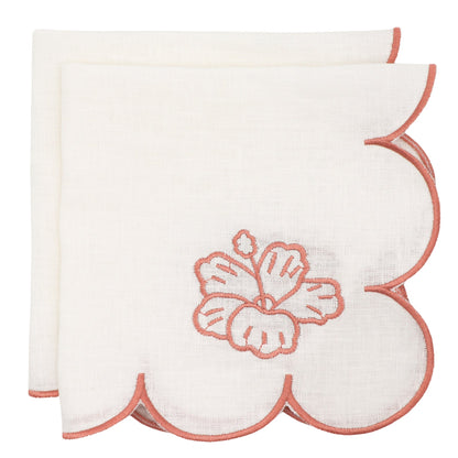 Serviettes en lin rosace ivoire avec broderie et bordure roses (lot de 4)