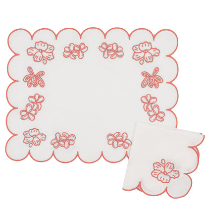 Serviettes en lin rosace ivoire avec broderie et bordure roses (lot de 4)
