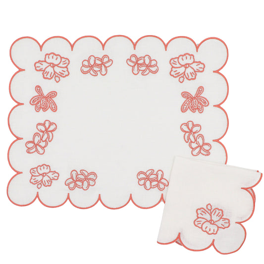 Serviettes en lin rosace ivoire avec broderie et bordure roses (lot de 4)
