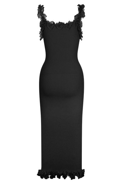 Robe mi-longue en jersey à volants et dentelle Shay - Noir