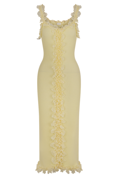 Robe mi-longue en jersey à volants et dentelle Shay - Citron