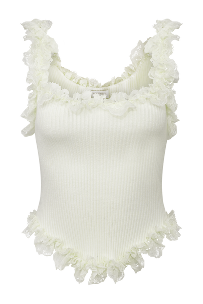 Top en tricot à volants et dentelle Shay - Crème