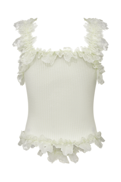 Top en tricot à volants et dentelle Shay - Crème