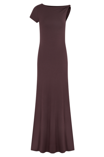 Robe Maxi Tamsin en Modal à Manches Courtes - Brun-Rouge