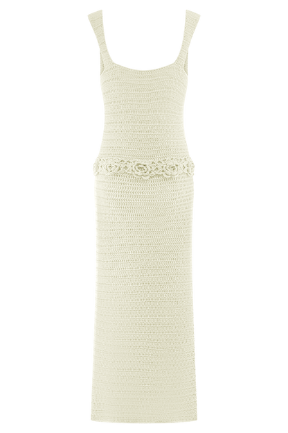 Teagan Floral Hand Crochet Midi Dress - Ivory