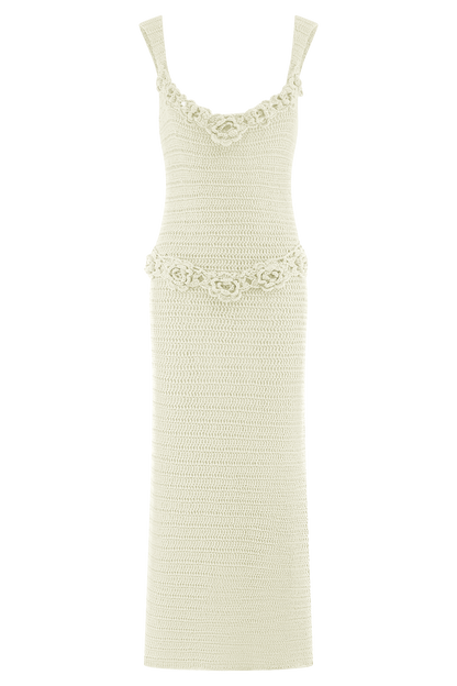 Teagan Floral Hand Crochet Midi Dress - Ivory