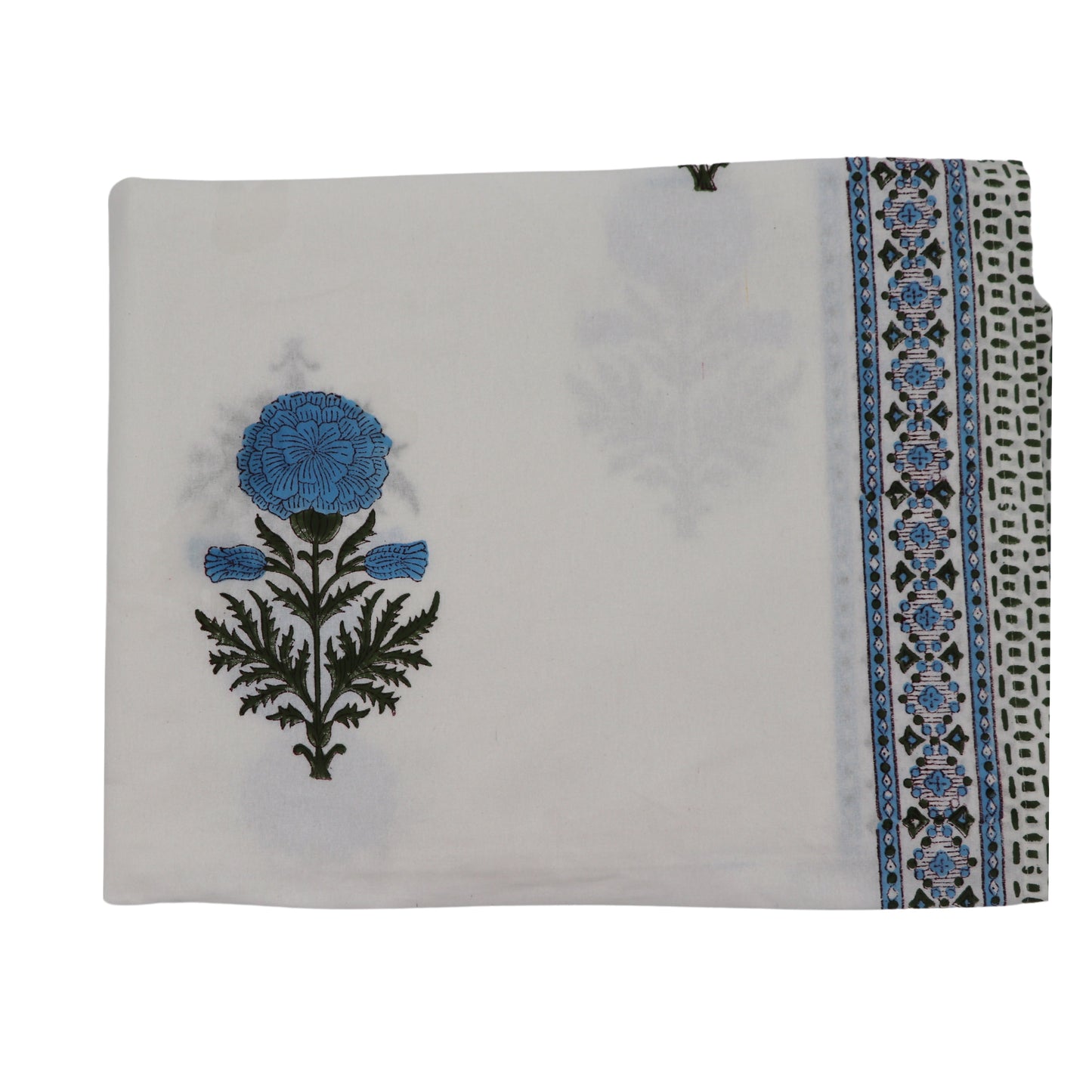 Nappe Toile de Blu Hortensia en coton blanc avec motif bleu et vert imprimé à la main